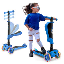 Hurtle 3-Wheel Try Scooter for Kids - Ages 2-12, Flip-able Seat, Foldable Kick Scooter, Flashing Lights, Adjustable Height, Blue
