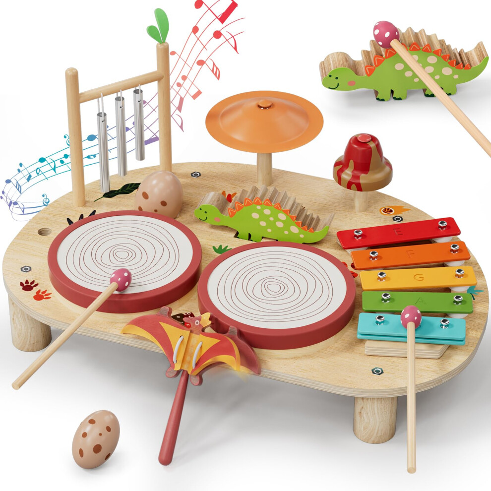 Lehoo Castle Kids Drum Kit, Montessori Wodden Musical Instruments Toys For Toddler, Baby Musical Gifts With Xylophone & 2 Drums For Boys & Girls Ages