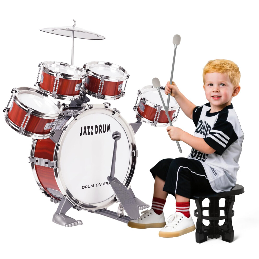 M Zimoon Kids Drum Kit, Junior Jazz Drum Set Toddler Toy 5 Drums With Stool Pedal Cymbal And Drumsticks Beginners Musical Instrument Percussion