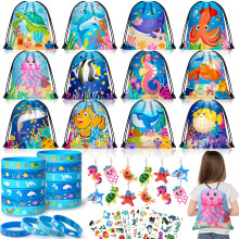 G.C 48 Pcs Under the Sea Party Bag Fillers Ocean Drawstring Bags Silicone Bracelets Keychains Glow Tattoo Stickers Gift Bags Blue Sea Animals Party