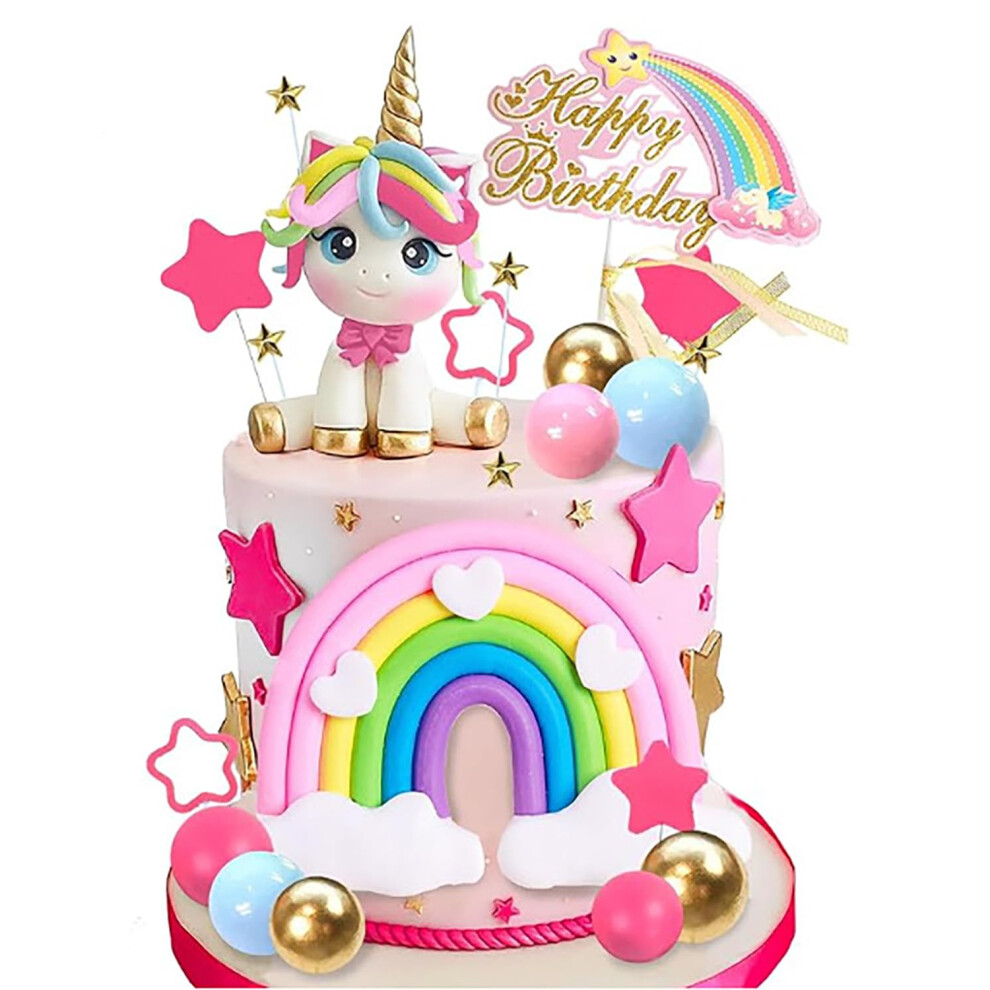 Yicresity Unicorn Cake Topper, Unicorn Rainbow Cake Decorations With Rainbow Stars Unicorn Balls Happy Birthday Cake Decorations For Boys Girls Kids Birthday Gold