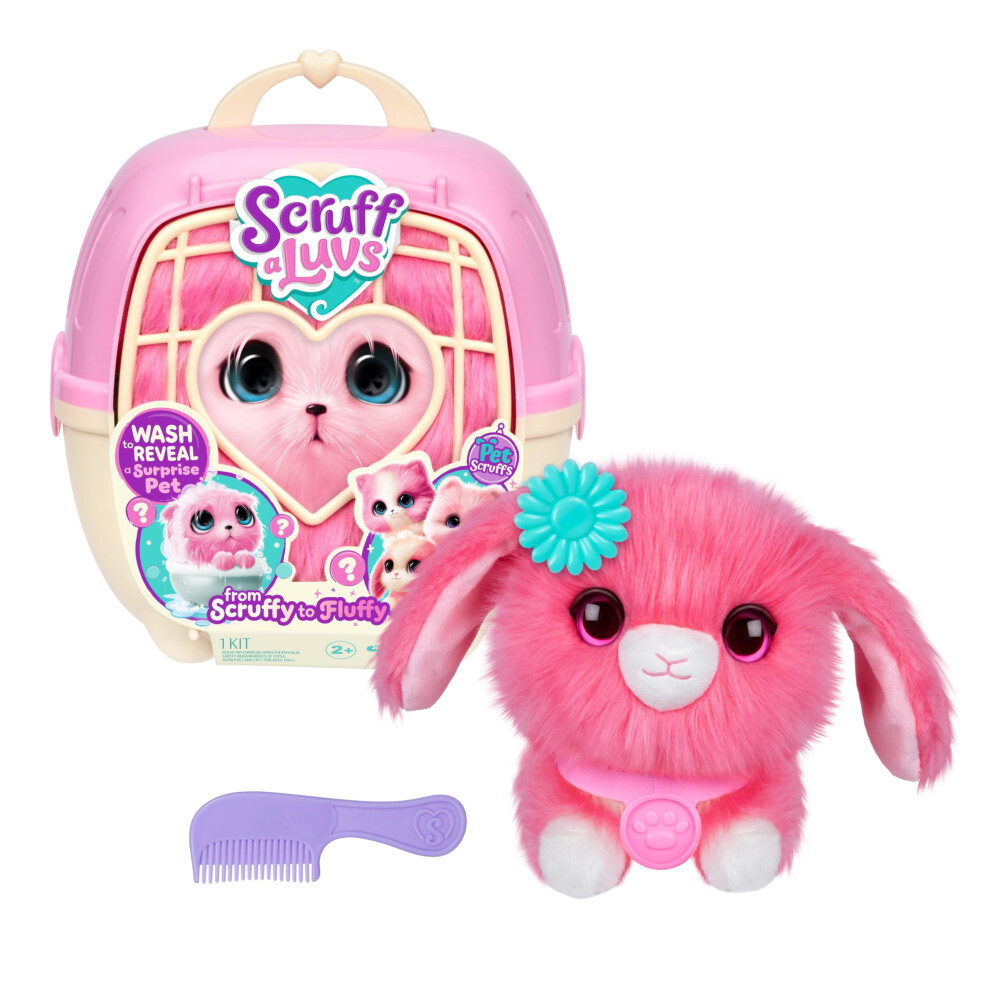 Scruff-A-Luvs Pet Scruffs Pink - Mystery Plush Toy, 7.5" Tall - Wash To Reveal 1 Of 3 Rescue Pets: Puppy, Bunny, Or Kitty - Includes 8.7" Deluxe Pet