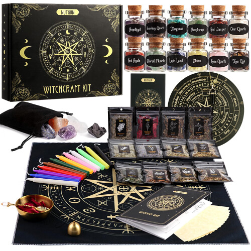 Nutgun Large Witchcraft Supplies Kit 60 PCS, Wiccan Supplies and Tools Including Witchcraft Herbs, Spell Candles, Crystals, Guidebook, Witch Altar