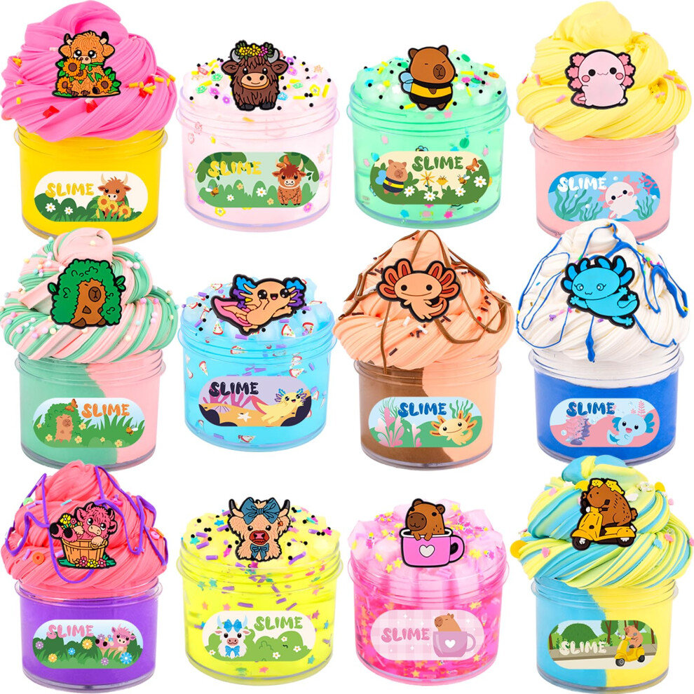 Rowecvce 12 Pack Fluffy Axolotl Slime Kit With 7 Pack Butter Slime And 5 Pack Clear Jelly Slimes, Highland Cow Capibara Slime Set For Kids, Putty Sludge Toy