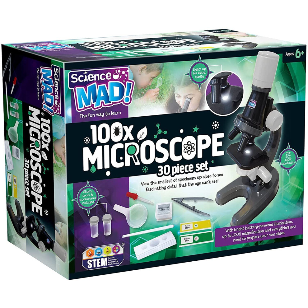 Science Mad 100X Microscope For Kids - Learn How To Magnify With Fun - Features Powerful Illumination, 100X Magnification, Slides And Tools Included,