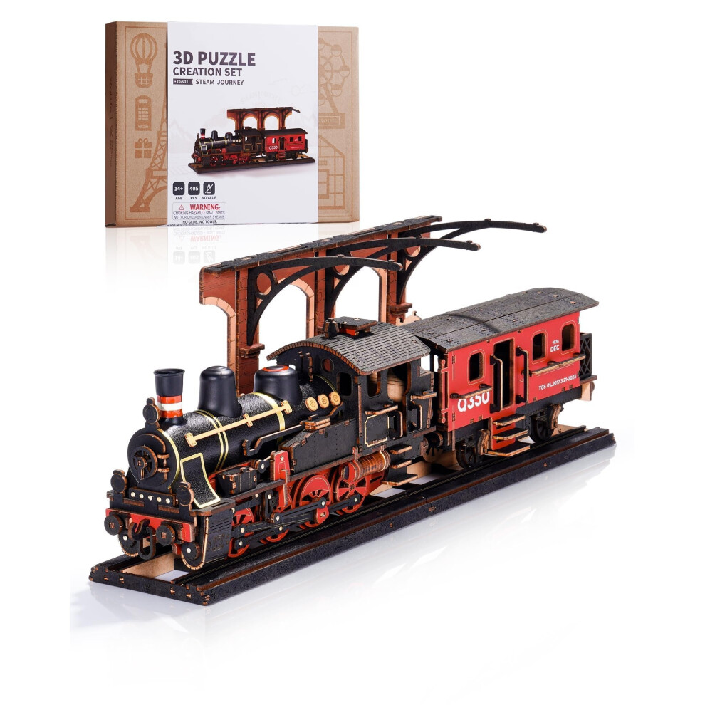 ROWOOD Steam Train 3D Puzzle, Wooden Train Model Kits for Adults to Build, Vintage Construction Craft Model Building Set, DIY Christmas and Birthday-image-OPC-PJSVFB9-NEW
