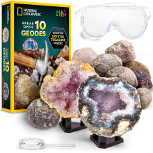 NATIONAL GEOGRAPHIC Break Open 10 Premium Geodes ? Includes Goggles & Display Stands - STEM Science Kit, Geology Gift for Kids, Break Your Own Geodes
