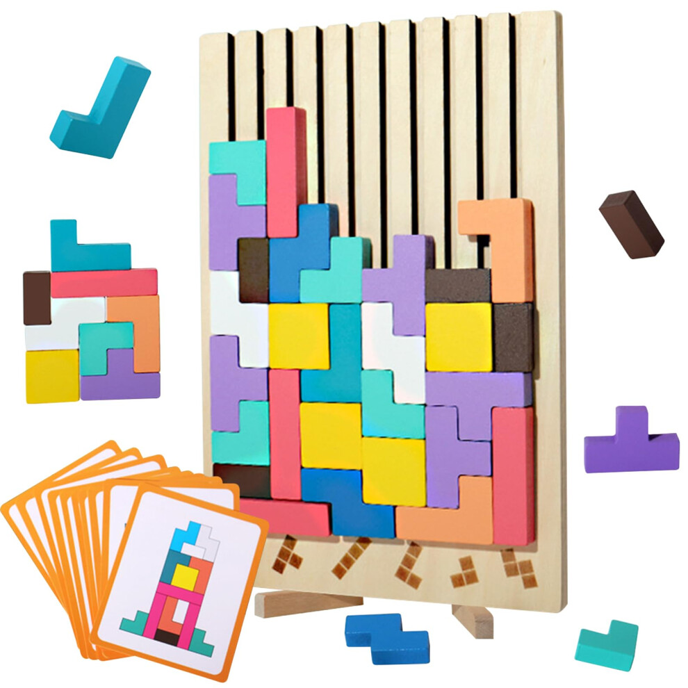 UptVin Wooden Stacking Puzzle Toy, 3D Montessori Wooden Stacking Puzzles Toy Tetris Game, 3D Russian Blocks Game with 10 Cards, Colorful Tetris Game-image-OPC-PJSVFYZ-NEW