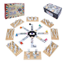 Gonoelec Double 12 Mexican Train Dominoes Game for Adults with 8pcs Wooden Trays, 9 Train Markers & 91 Color Dot Tile Dominos in Tin Box - Classic