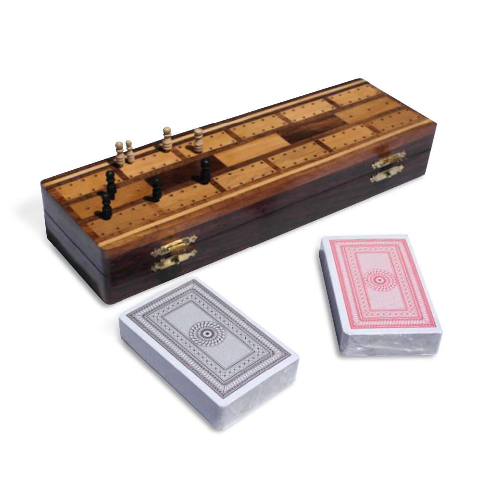 Thorness Traditional Classic Wooden Cribbage Board With Pegs And Two Packs Of Playing Cards | Internal Storage Area | Retro Wooden Board Set | Crib Board