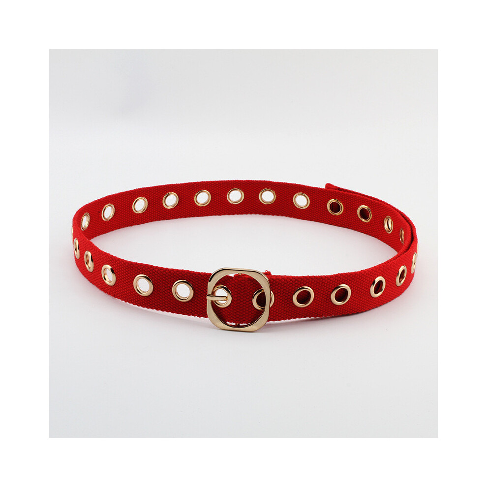 (Red) Simple Color Solid Porous Design Women Casual Canvas Belt Square Buckle With-image-OPC-PJSW87F-NEW