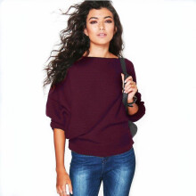 (Wine Red, M) Long Womens Sleeve Baggy Ladies Pullover Top Knitted Sweater Oversized Jumper