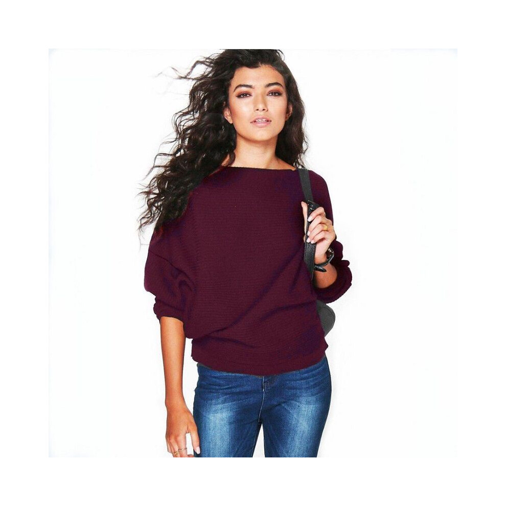 (Wine Red, M) Long Womens Sleeve Baggy Ladies Pullover Top Knitted Sweater Oversized Jumper