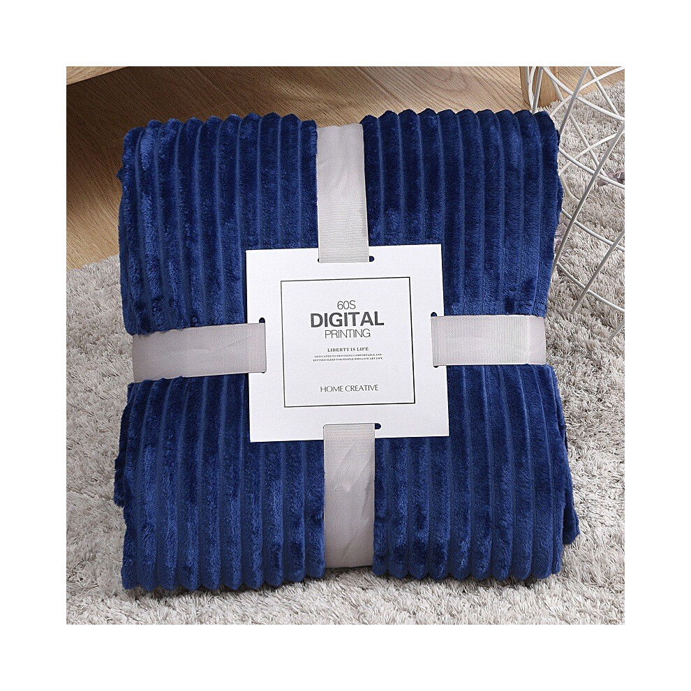 (Dark Blue) Fleece Flannel Blanket Sofa Soft Solid Color Bedspread Plush Cover Gift Bed