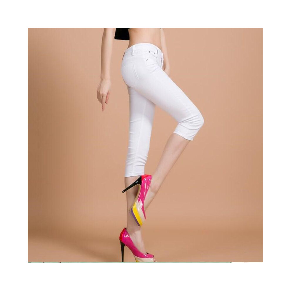 (White,30)Verano Mujeres Color Caramelo Capris Denim Ajustado Adelgazante LáPiz Pantalones PantalóN-image