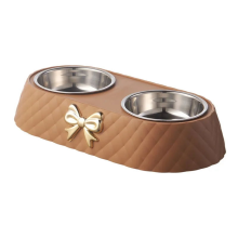 1PC Dog Cat Food Bowls Bowtie Double Bowl Pet Supplies Brown