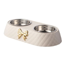 1PC Dog Cat Food Bowls Bowtie Double Bowl Pet Supplies Cream White