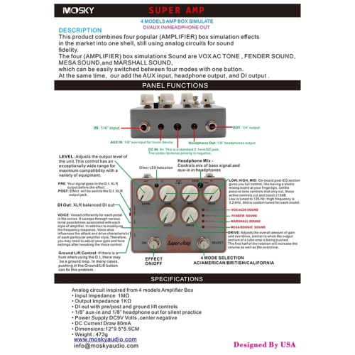 Preamp/Direct Box SUPER AMP 4-Box Simulation DI Headphone AUX 1