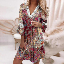 Women Casual Summer Dresses 3/4 Sleeve Party Tunic Swing Casual V Neck Boho Paisley Print Lace Trim V-neck Midi Dress