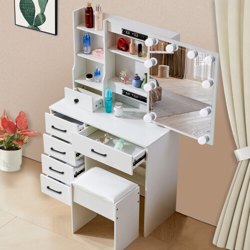 6 Drawers Vanity Makeup Desk Table Set Sliding LED Lights Mirror UK