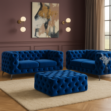 (Silver Velvet, 3+2 Seater Sofa) Chesterfield Velvet 3 Seater 2 Seater Sofa Set Aram Chair Footstool