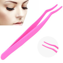 Wimpernzange für künstliche Wimpern, gebogene Edelstahl-Wimpernverlängerung, Hilfsclip, fluoreszierendes Pink
