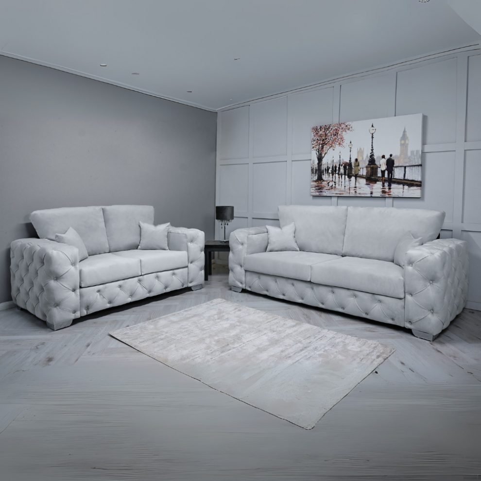 (Steel Velvet, 2 Seater Sofa) Velvet Ashton Full Back 3 and 2 Seater Sofa Sets, Arm Chair Upholstered Plush Fabric 3 Seater Velvet Sofas