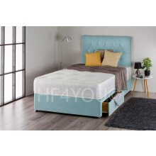 (5ft, 2 Drawers) Ice Blue Plush Divan Bed Set with Sprung Mattress and Matching Diamante Headboard