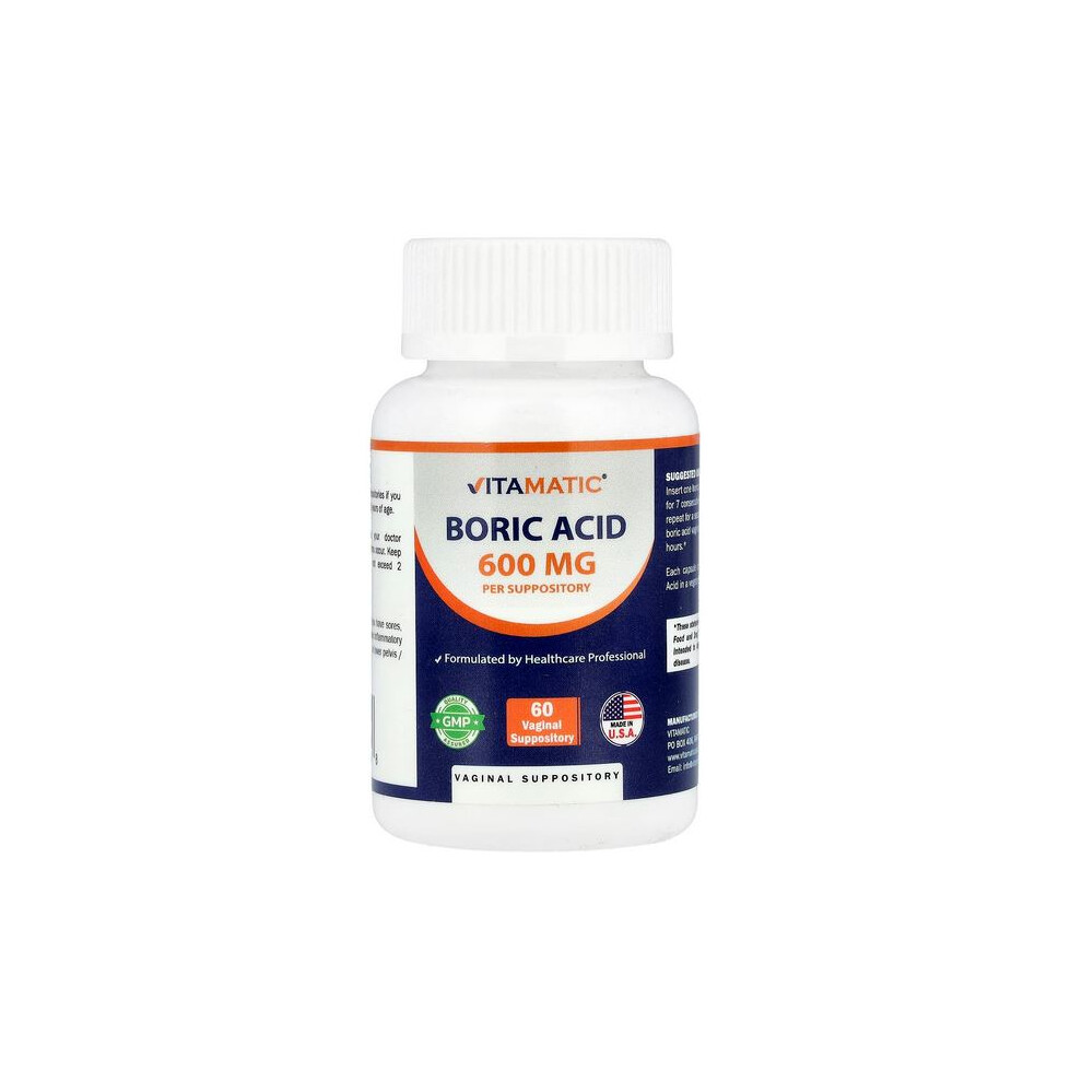 Vitamatic Boric Acid, 600 Mg, 60 Capsules, Vaginal Suppositories