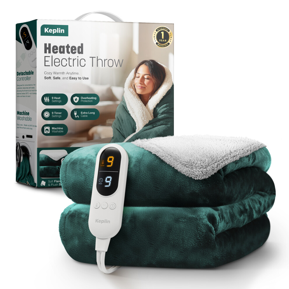 Keplin Green (Emerald /Cream Sherpa) Large Electric Heated Throw Blanket Blanket, 1 Year Warranty