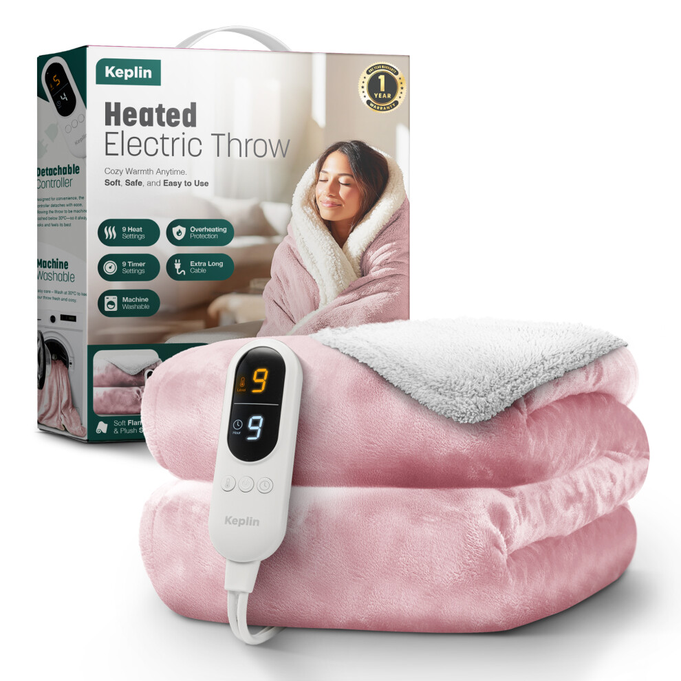 Keplin Pink (Blush/Cream Sherpa) Large Electric Heated Throw Blanket Blanket, 1 Year Warranty