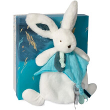 Doudou et Compagnie - Doudou Rabbit -25 cm - Valkoinen / Peacock Blue - Peacock Pompom Rabbit - Lahjaideo - Hyvää popia - Happy Doudou sinulle