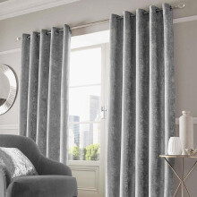 (Width 66” X Drop 54" (Width 168cm x Drop 137cm)) Rayyan Linen Crushed Velvet Grey Silver Eyelet Ring Top Curtains Pair - Readymade, Luxury, Fancy and Fully Lined Crush Velvet Pair of