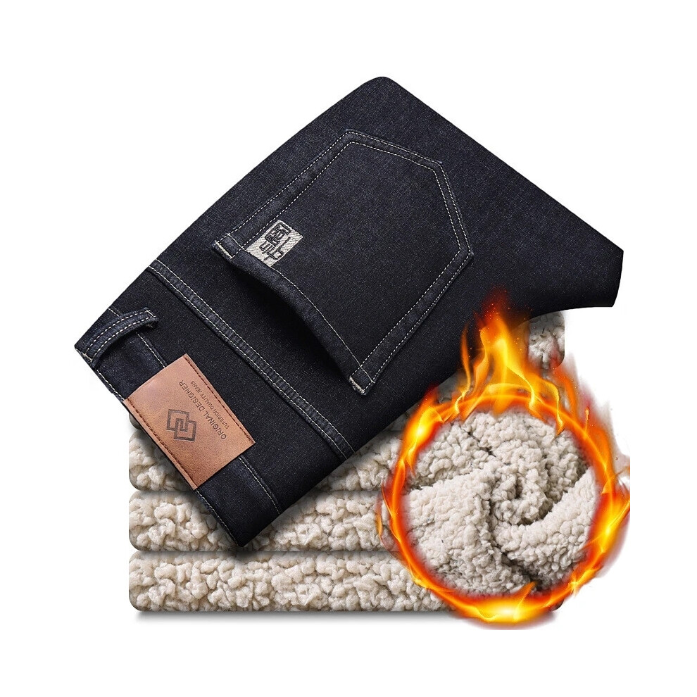(Black, 34) Thick Fleece Pants Mens Casual Winter Warm Thermal Trousers Slim Stretch Jeans-image-OPC-PJT8MKM-NEW