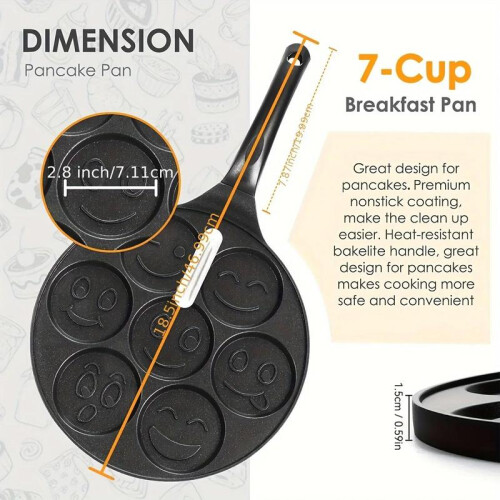 (Red, one-size) Mini Pancake Pan with Handle, 1 Piece 7-grid Smile Face Pattern Non-stick Pancake Pan, Kitchen Cookware for Breakfast Egg 1