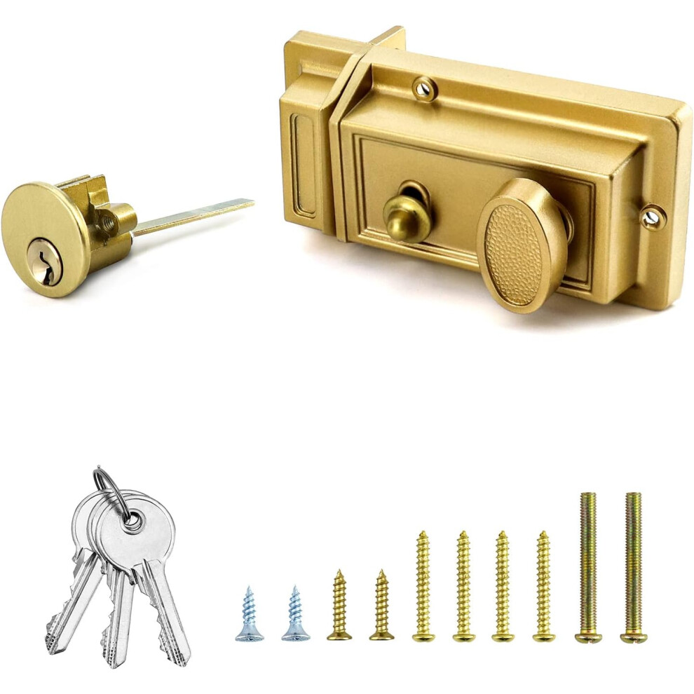 Night Latch Deadbolt Rim Lock With Key Gold Finish Antique Style Lock With Front Door Key 768872743578