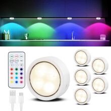 Oplaadbare RGB-pucklampjes op batterijen met afstandsbediening, 6 stuks dimbare draadloze LED-onderkastverlichting voor de keuken.