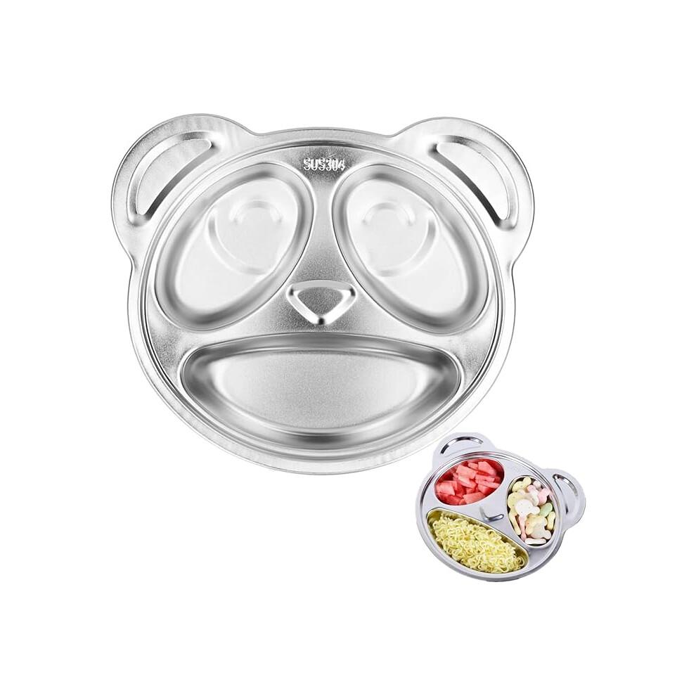 Shenzhenshiwusongmaoyiyouxiangongsi Kids Divided Plate, 3-Compartment Panda Shape Stainless Steel Toddler Plates Portion Control Food Snack Tray