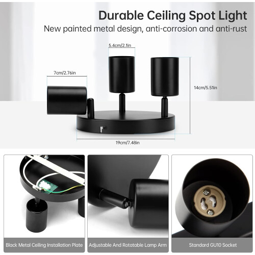Ceiling Spotlight LED Swivelling GU10, 3-Bulb Round, Ceiling Light Ceiling Light Spot Black, Modern Spotlight 1