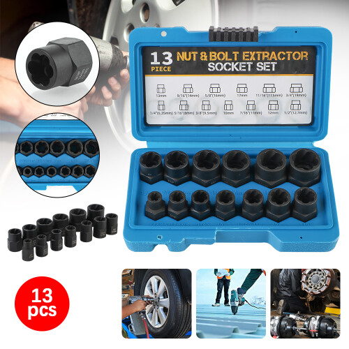 Damaged Stripped Nut and Bolt 13PCS Impact Bolt Nut Screw Remover Tool Set 3/8" Nut Extractor Socket Socket Wrench Remover Kit 1