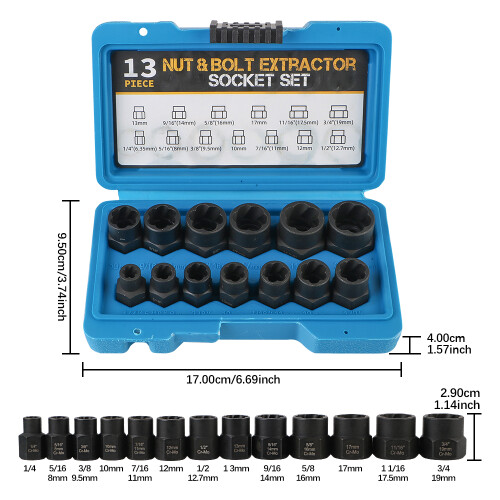 Damaged Stripped Nut and Bolt 13PCS Impact Bolt Nut Screw Remover Tool Set 3/8" Nut Extractor Socket Socket Wrench Remover Kit 2