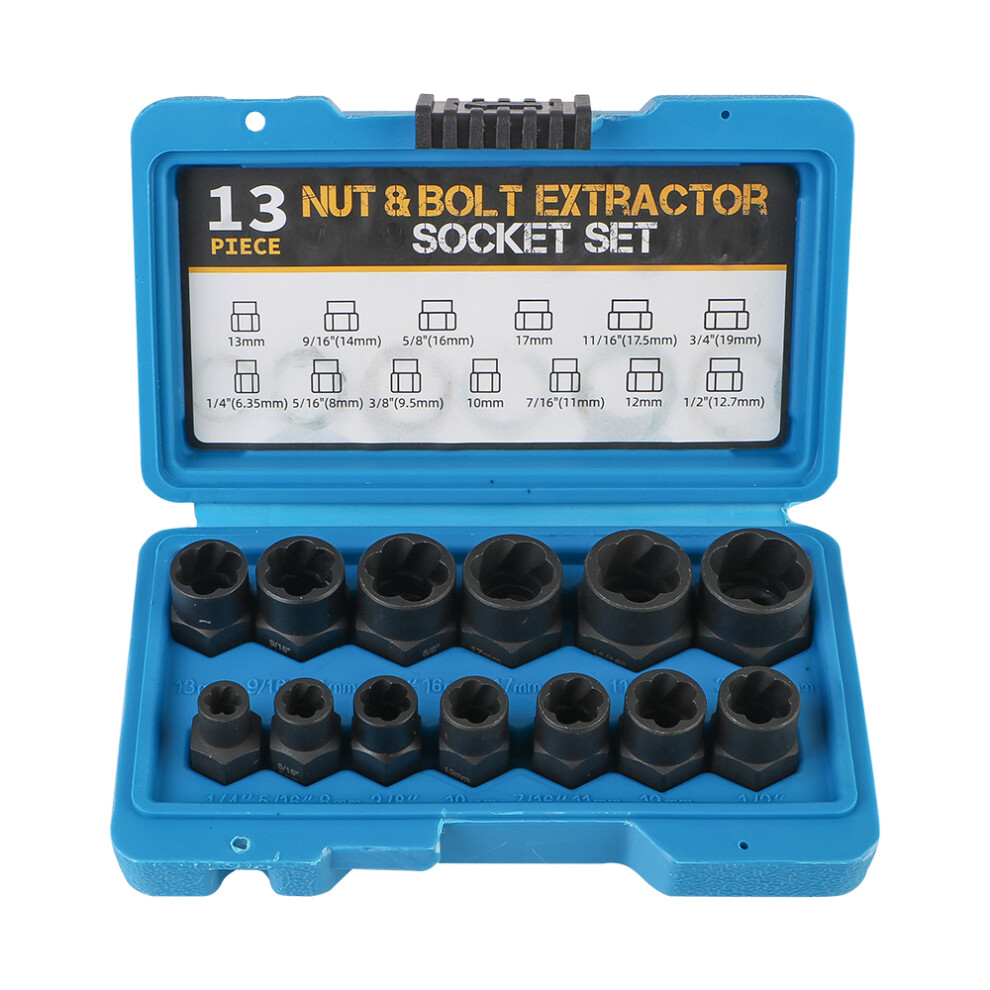 Damaged Stripped Nut And Bolt 13Pcs Impact Bolt Nut Screw Remover Tool Set 3/8" Nut Extractor Socket Socket Wrench Remover Kit 768872732619