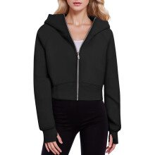 Women's Hooded Zip Fleece Pullover Sweatshirt Oversized Cropped Jacket Long Sleeve Y2K Autumn Style Black Size S