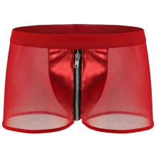 Men's Leather Boxer Shorts with Open Crotch and Zip, Mesh Black Wetlook Sexy Underwear Thong, Size M Red Clubwear Jockstraps