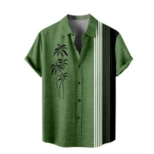 Men's Short Sleeve Hawaiian Shirt Striped Cotton T-Shirt Lightweight Summer Linen Casual Shirt M O Green