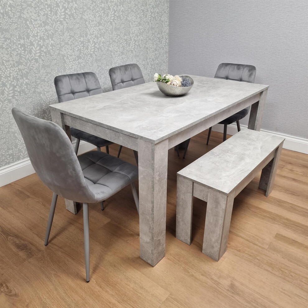 Grey Wood Effect Dining Table with 4 Leather Chairs and Bench