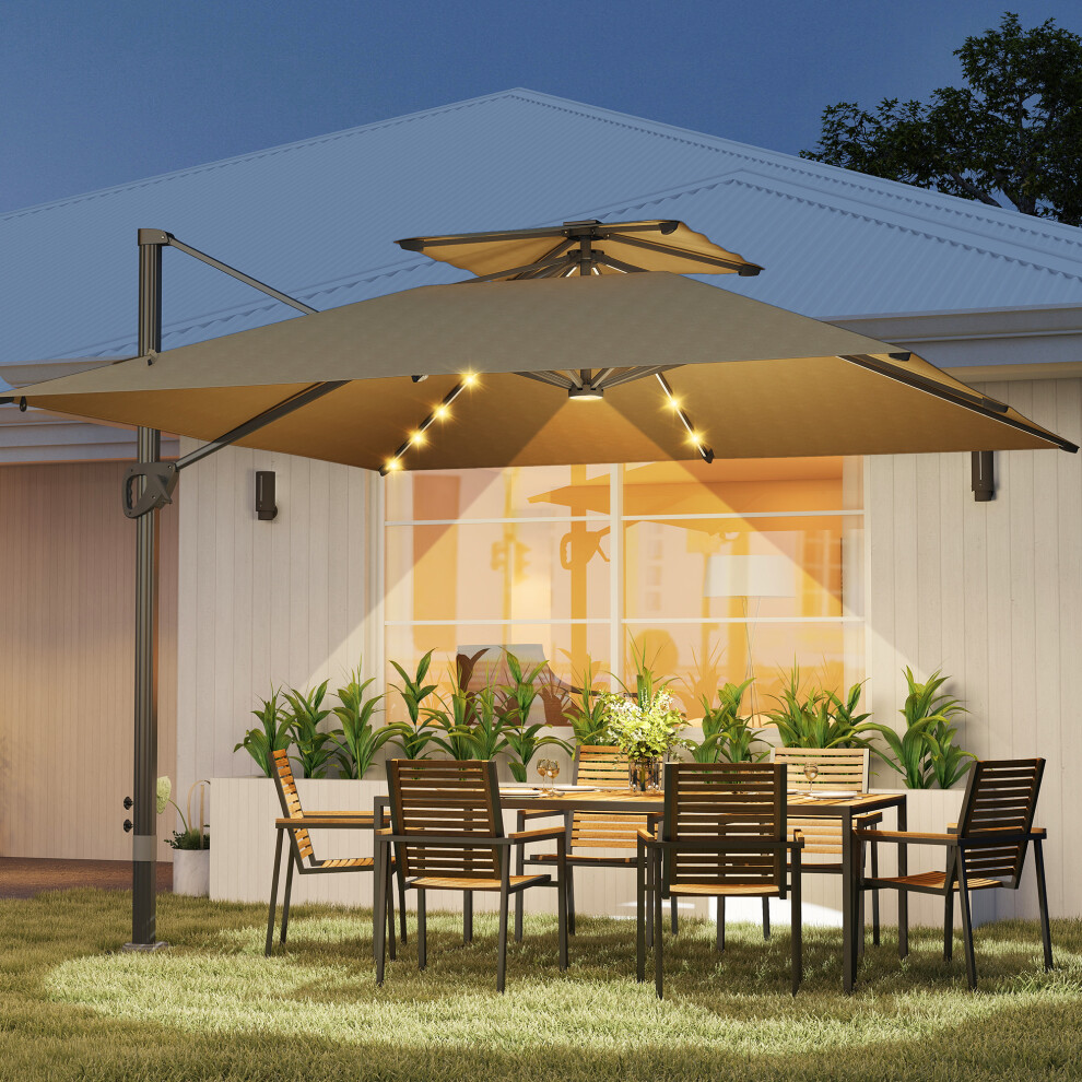 Outsunny 3.5M Aluminium Cantilever Parasol W/ Led Lights Crank Tilt Uv50+ Khaki White