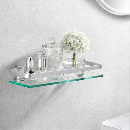 Aluminum Bathroom Glass Shelf Tempered Glass Rectangle 1 Layer Extra Thick Silver Sandblasted Wall Mount 1