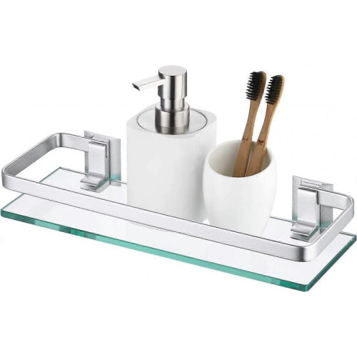 Aluminum Bathroom Glass Shelf Tempered Glass Rectangle 1 Layer Extra Thick Silver Sandblasted Wall Mount 2