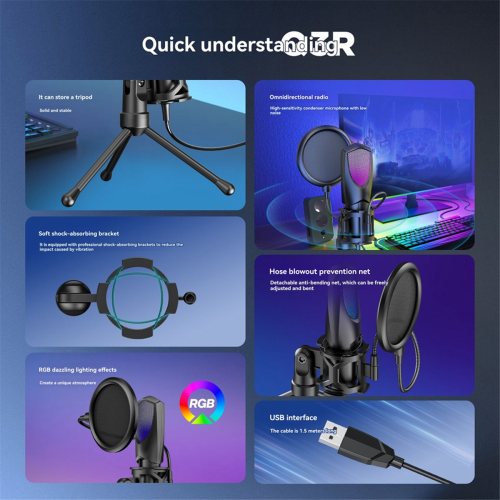 Microfon condensator USB pentru desktop, microfon de gaming RGB 2